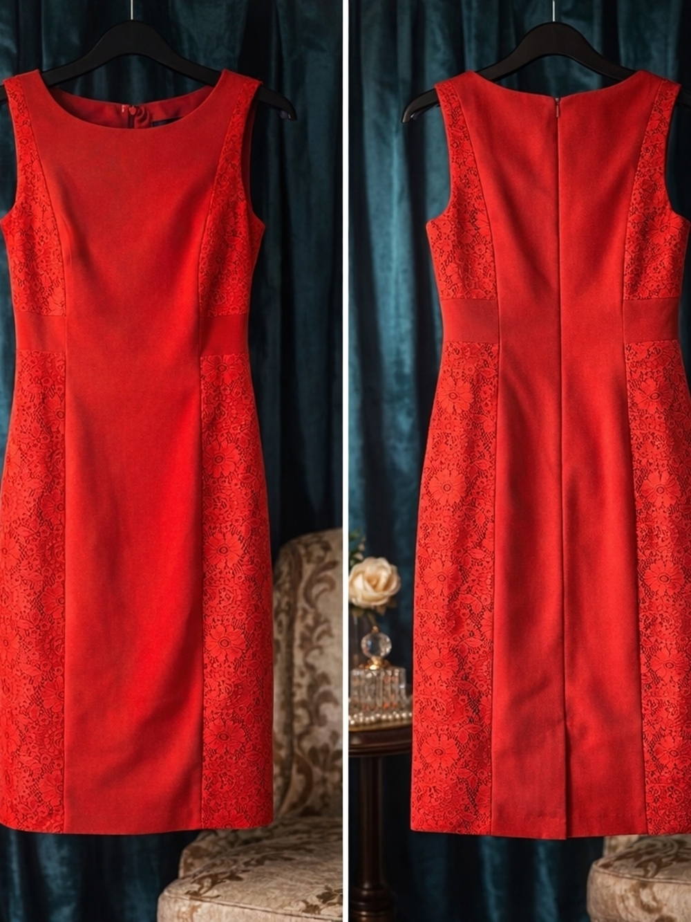 Size 6 Adrianna Papell Red Lace-Panel Midi Sheath Dress